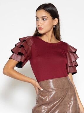 Gracia Burgundy Red Layered Faux Leather Sleeves Modern Maximalist Blouse L NWT